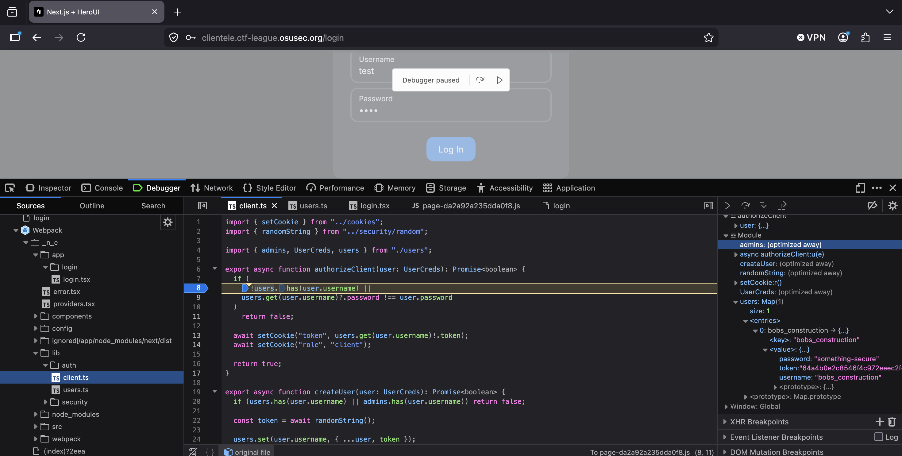 Firefox debugger showing admins array was optimized away
